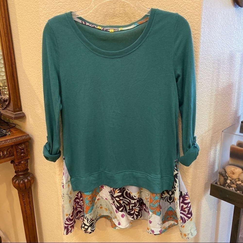 LITTLE YELLOW BUTTON Teal Green Floral Flounce Hem Tunic Top Size XS